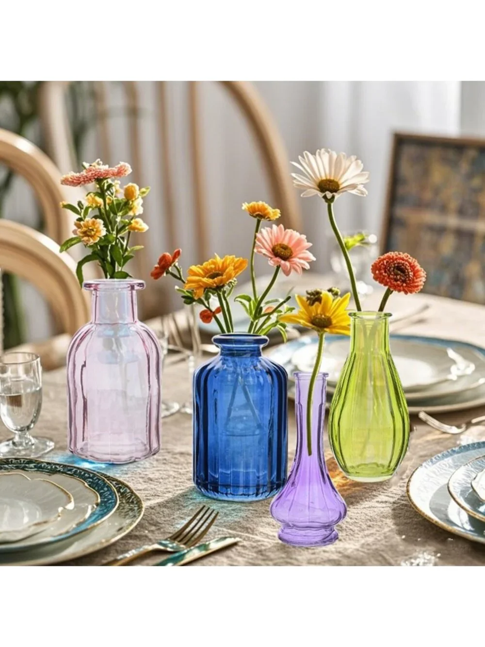 Set of 10 Colorful Glass Bud Vases - Vintage Small Flower Bottles for Home